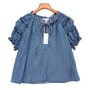 Current Air Chambray Blouse Womens Blue Short Ruffle Sleeve Tie Neck Size S